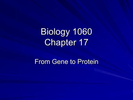 Biology 1060 Chapter 17 From Gene to Protein. Genetic Information Important: Fig. 17.26 Describe how genes control phenotype –E.g., explain dwarfism in.