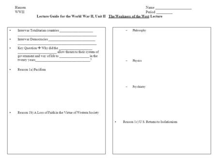 HansenName ____________________ WWII Period _________ Lecture Guide for the World War II, Unit II The Weakness of the West Lecture Interwar Totalitarian.