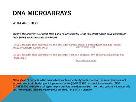 DNA MICROARRAYS WHAT ARE THEY? BEFORE WE ANSWER THAT FIRST TAKE 1 MIN TO WRITE DOWN WHAT YOU KNOW ABOUT GENE EXPRESSION THEN SHARE YOUR THOUGHTS IN GROUPS.