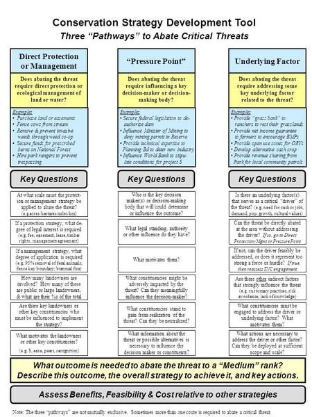 Conservation Strategy Development Tool Does abating the threat require influencing a key decision-maker or decision- making body? Assess Benefits, Feasibility.