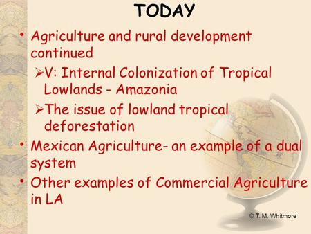 © T. M. Whitmore TODAY Agriculture and rural development continued  V: Internal Colonization of Tropical Lowlands - Amazonia  The issue of lowland tropical.