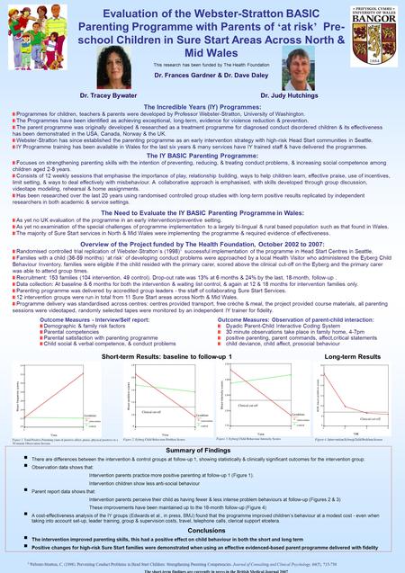 Dr. Tracey Bywater Dr. Judy Hutchings The Incredible Years (IY) Programmes: Programmes for children, teachers & parents were developed by Professor Webster-Stratton,