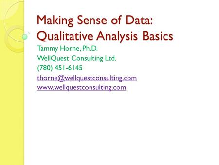 Making Sense of Data: Qualitative Analysis Basics Tammy Horne, Ph.D. WellQuest Consulting Ltd. (780) 451-6145