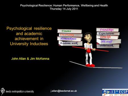 John Allan & Jim McKenna Psychological Resilience: Human Performance, Wellbeing and Health Thursday 14 July 2011 Psychological resilience and academic.