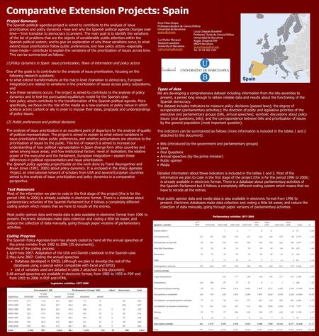 Comparative Extension Projects: Spain Types of data We are developing a comprehensive dataset including information from the late seventies to present,