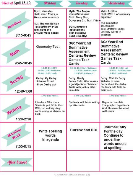 Reading Math Sci/SS Writing Morning Work 10:45-11:30 PE10:45-11:30 Art/Guidance10:45-11:30 C. Lab 11:30-11:40 Restroom 11:40-12:05 Lunch 11:30-11:40 Restroom.