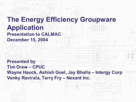 The Energy Efficiency Groupware Application Presentation to CALMAC December 15, 2004 Presented by Tim Drew – CPUC Wayne Hauck, Ashish Goel, Jay Bhalla.