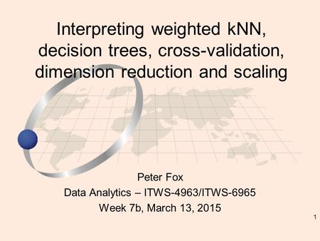 1 Peter Fox Data Analytics – ITWS-4963/ITWS-6965 Week 7b, March 13, 2015 Interpreting weighted kNN, decision trees, cross-validation, dimension reduction.