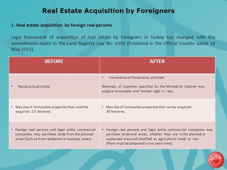 Real Estate Acquisition by Foreigners BEFOREAFTER Reciprocity principle Cancelation of Reciprocity principle Nationals of countries specified by the Ministerial.