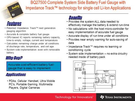 Provides the system ALL data needed to effectively manage the battery & extend run-time No calculations with the host micro-controller for easy implementation.