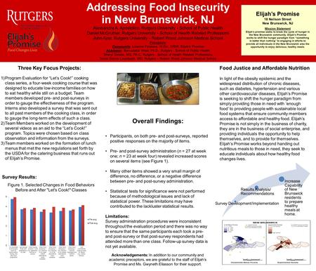 Survey Development/Implementation Results Analysis/ Recommendations Increase Capability of New Brunswick residents to prepare healthy meals at home. Elijah’s.