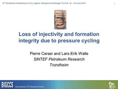 8 th Trondheim Conference on CO 2 Capture, Transport and Storage TCCS-8, 19 – 18 June 2015 Loss of injectivity and formation integrity due to pressure.