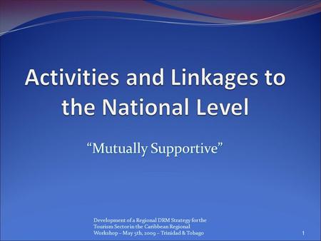 Development of a Regional DRM Strategy for the Tourism Sector in the Caribbean Regional Workshop – May 5th, 2009 – Trinidad & Tobago “Mutually Supportive”