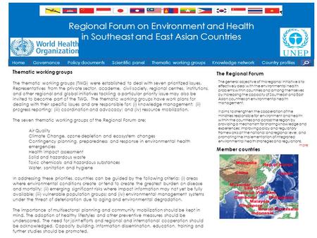 Regional Forum on Environment and Health in Southeast and East Asian Countries HomeGovernancePolicy documentsScientific panelThematic working groupsKnowledge.