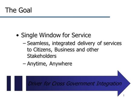 1 The Goal Single Window for Service –Seamless, integrated delivery of services to Citizens, Business and other Stakeholders –Anytime, Anywhere Driver.