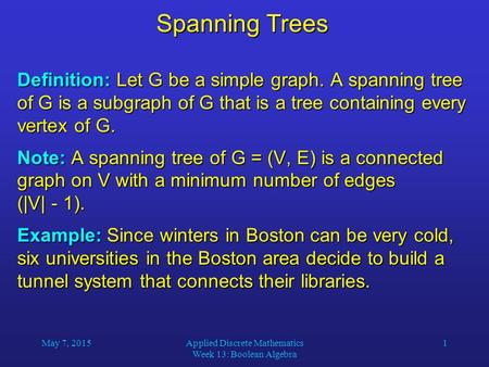 Applied Discrete Mathematics Week 13: Boolean Algebra