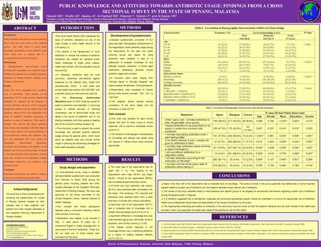 PUBLIC KNOWLEDGE AND ATTITUDES TOWARDS ANTIBIOTIC USAGE: FINDINGS FROM A CROSS SECTIONAL SURVEY IN THE STATE OF PENANG, MALAYSIA Hassali MA 1, Shafie AA.