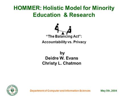 HOMMER: Holistic Model for Minority Education & Research “The Balancing Act”: Accountability vs. Privacy by Deidre W. Evans Christy L. Chatmon Department.