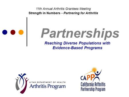 Partnerships Reaching Diverse Populations with Evidence-Based Programs 11th Annual Arthritis Grantees Meeting Strength in Numbers - Partnering for Arthritis.