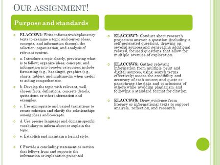 O UR ASSIGNMENT ! ELACC8W2: Write informative/explanatory texts to examine a topic and convey ideas, concepts, and information through the selection, organization,