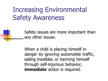 Increasing Environmental Safety Awareness Safety issues are more important than any other issues. When a child is placing himself in danger by ignoring.