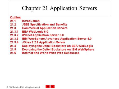  2002 Prentice Hall. All rights reserved. Chapter 21 Application Servers Outline 21.1 Introduction 21.2 J2EE Specification and Benefits 21.3 Commercial.