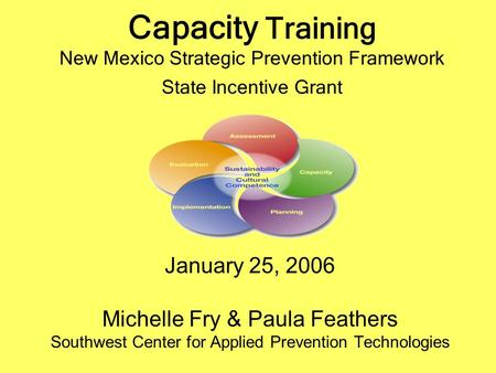 Capacity Training New Mexico Strategic Prevention Framework State Incentive Grant January 25, 2006 Michelle Fry & Paula Feathers Southwest Center for Applied.