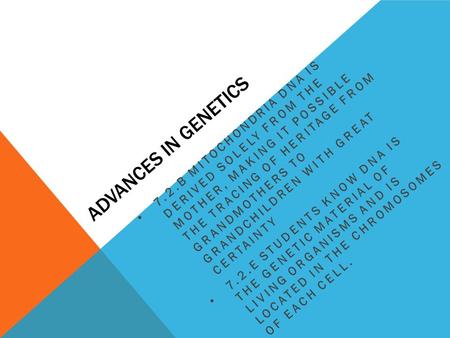 ADVANCES IN GENETICS 7.2.B MITOCHONDRIA DNA IS DERIVED SOLELY FROM THE MOTHER, MAKING IT POSSIBLE THE TRACING OF HERITAGE FROM GRANDMOTHERS TO GRANDCHILDREN.