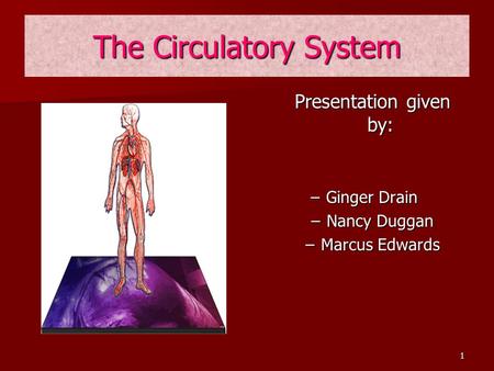 1 The Circulatory System Presentation given by: –G–Ginger Drain –N–Nancy Duggan –M–Marcus Edwards.