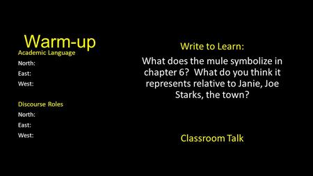 Warm-up Academic Language North: East: West: Discourse Roles North: East: West: Write to Learn: What does the mule symbolize in chapter 6? What do you.