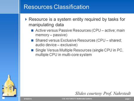 Page 19/18/2015 CSE 40373/60373: Multimedia Systems Resources Classification  Resource is a system entity required by tasks for manipulating data  Active.