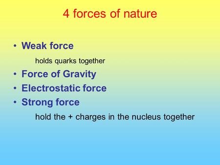 4 forces of nature Weak force holds quarks together Force of Gravity Electrostatic force Strong force hold the + charges in the nucleus together.