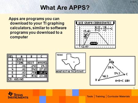 2/14/01 1 What Are APPS? Apps are programs you can download to your TI graphing calculators, similar to software programs you download to a computer.