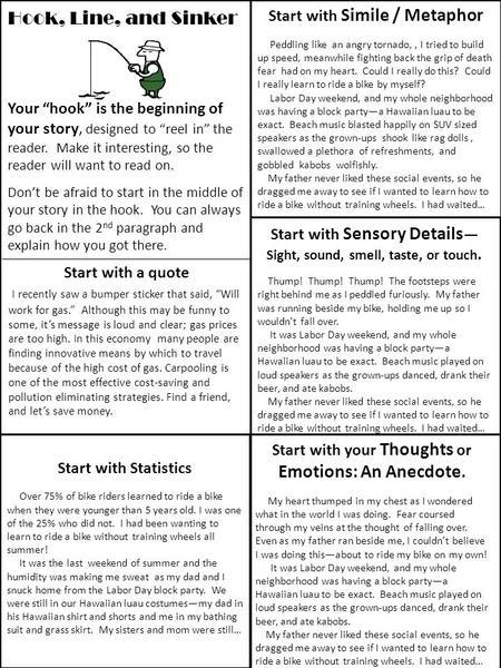 Hook, Line, and Sinker Your “hook” is the beginning of your story, designed to “reel in” the reader. Make it interesting, so the reader will want to read.