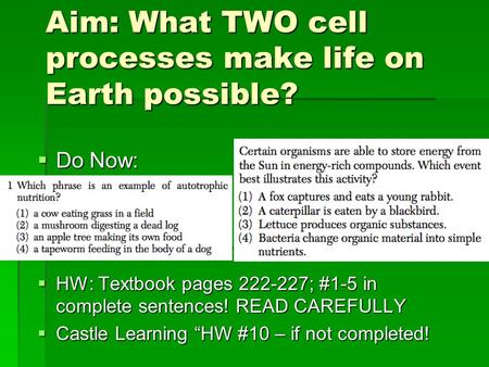 Aim: What TWO cell processes make life on Earth possible?