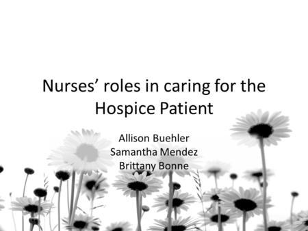 Nurses’ roles in caring for the Hospice Patient Allison Buehler Samantha Mendez Brittany Bonne.