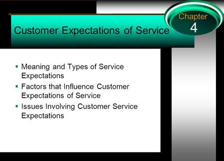 4 Chapter Customer Expectations of Service  Meaning and Types of Service Expectations  Factors that Influence Customer Expectations of Service  Issues.