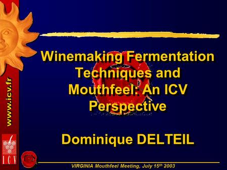 VIRGINIA Mouthfeel Meeting, July 15 th 2003 Winemaking Fermentation Techniques and Mouthfeel: An ICV Perspective Dominique DELTEIL.