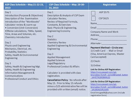 ASP Class Schedule – May 21-22-23, 2013 CSP Class Schedule – May 29-30- 31, 2013 Registration Day 1 Introduction (Purpose & Objectives) Description of.