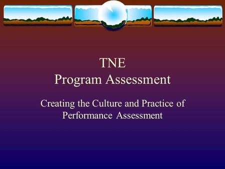 TNE Program Assessment Creating the Culture and Practice of Performance Assessment.