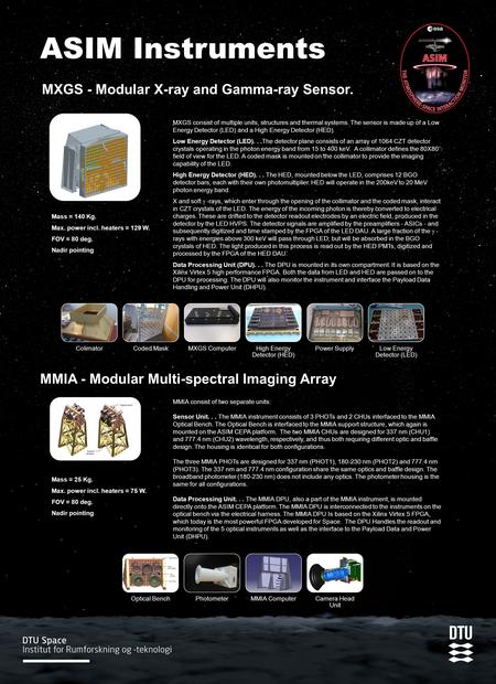 ASIM Instruments MXGS - Modular X-ray and Gamma-ray Sensor. MMIA - Modular Multi-spectral Imaging Array ColimatorCoded MaskMXGS ComputerHigh Energy Detector.