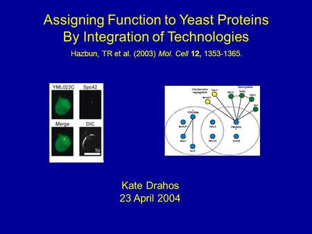 Assigning Function to Yeast Proteins By Integration of Technologies Hazbun, TR et al. (2003) Mol. Cell 12, 1353-1365. Kate Drahos 23 April 2004.