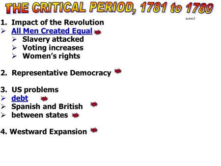 Notes1 1.Impact of the Revolution  All Men Created Equal  Slavery attacked  Voting increases  Women’s rights 2. Representative Democracy 3. US problems.