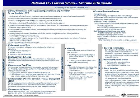 A summary of our work for TaxTime 2010 National Tax Liaison Group – TaxTime 2010 update  Working to make sure our new processing systems are fully functional.