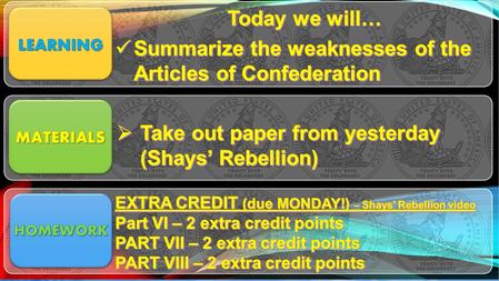 The Articles of Confederation *Under the articles: - Each state had one vote - Congress could declare war, appoint military officers, & coin money.