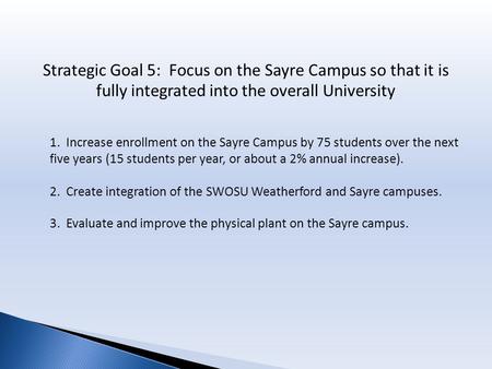 Strategic Goal 5: Focus on the Sayre Campus so that it is fully integrated into the overall University 1. Increase enrollment on the Sayre Campus by 75.