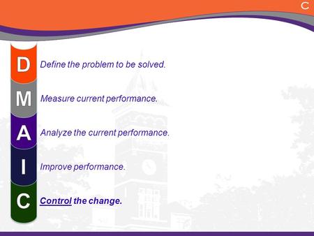 Define the problem to be solved. Measure current performance. Analyze the current performance. Improve performance. Control the change. C.