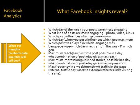 Facebook Analytics  Which day of the week your posts were most engaging  What kind of posts are most engaging – photo, video, Links.  Which post influences.