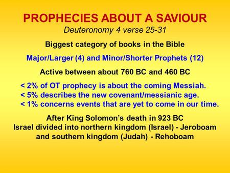 PROPHECIES ABOUT A SAVIOUR Deuteronomy 4 verse 25-31 Biggest category of books in the Bible Major/Larger (4) and Minor/Shorter Prophets (12) Active between.