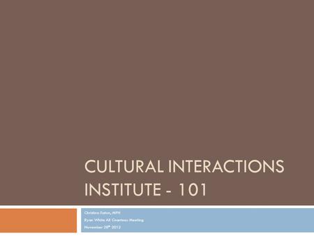 CULTURAL INTERACTIONS INSTITUTE - 101 Christina Eaton, MPH Ryan White All Grantees Meeting November 28 th 2012.